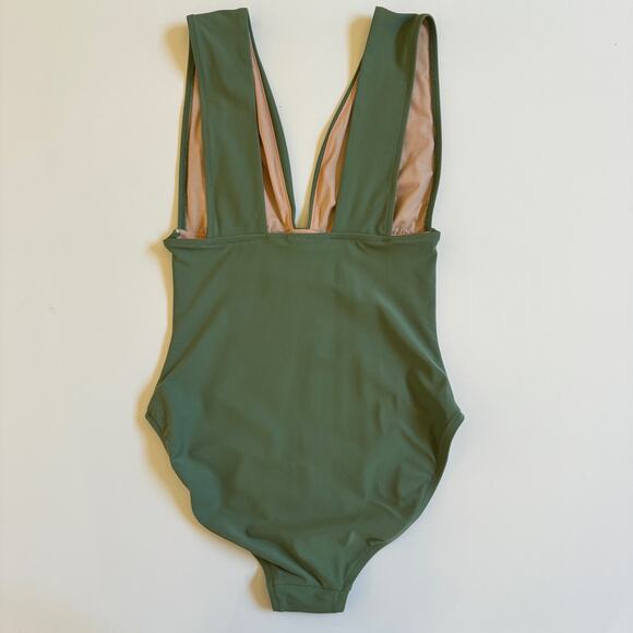 J. Crew V Neck One Piece Bathing Swim Suit Green EUC Medium Spring Break Lined - Picture 3 of 9